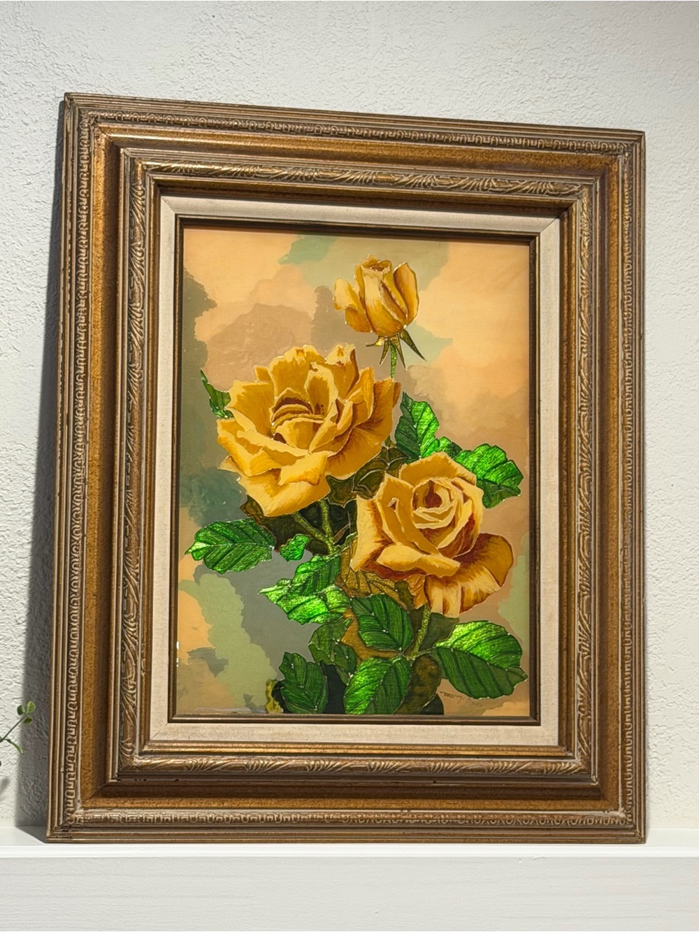 Vintage Signed Yellow Rose Dimensional Mixed Media Floral Painting Ornate Frame